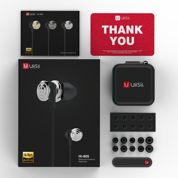 UiiSii Hi-905 Dual Drivers Hybrid Balanced Armature Hi-Res In-ear Earphones package